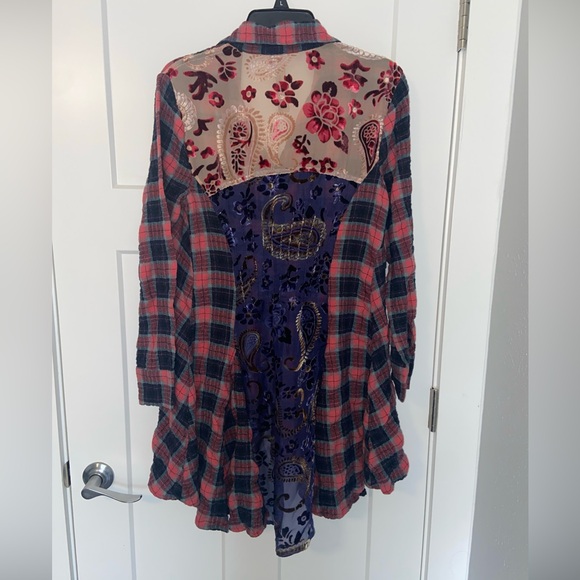 Aratta Silent Journey Womens Top Sz Medium Plaid Mixed Media Velvet Burnout - Picture 9 of 14